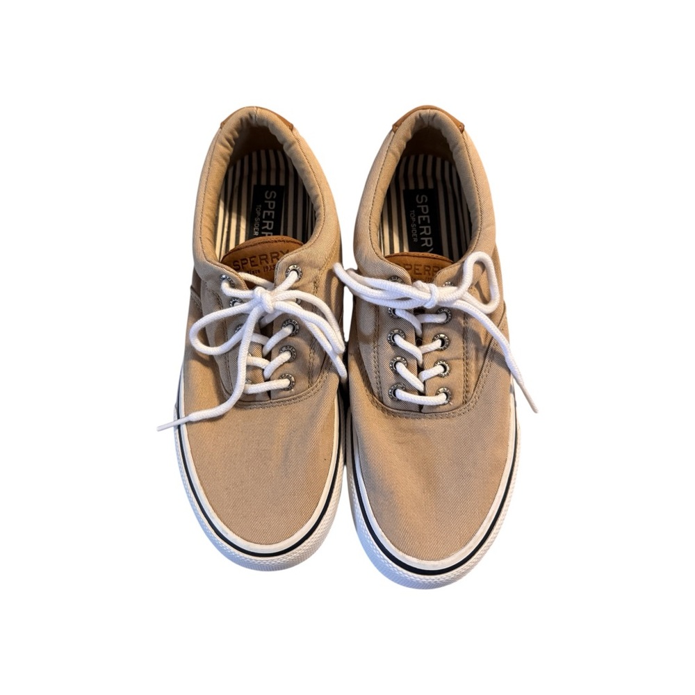 Sperry Men’s Tan Canvas Boat Shoe with White Laces men's size 8